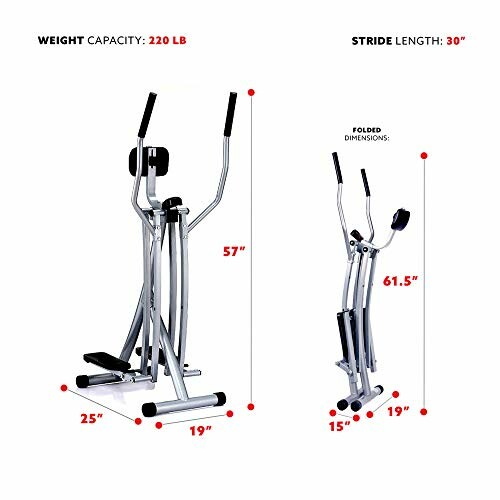 Compact elliptical machine with dimensions and weight capacity.