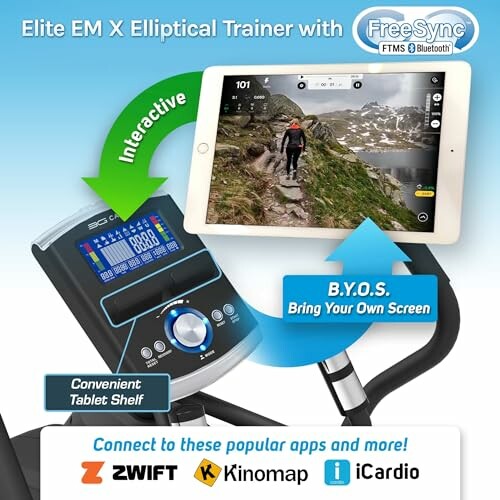 Interactive Elite EM X Elliptical Trainer with tablet shelf and app connectivity.