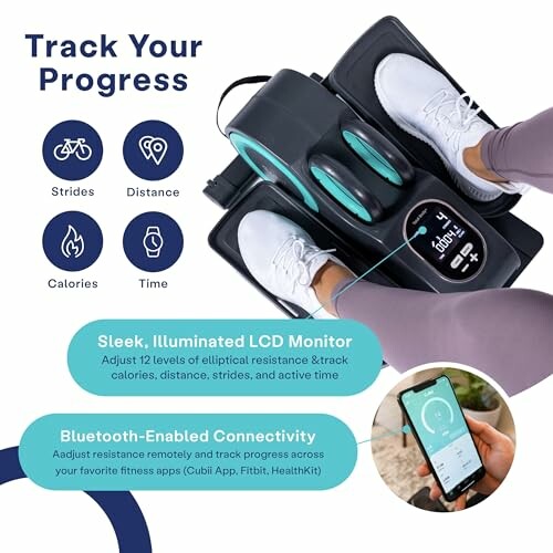 Elliptical device with LCD monitor and Bluetooth connectivity for tracking progress.