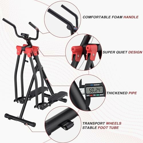 Elliptical machine with highlighted features including comfortable handle, quiet design, thickened pipe, transport wheels, and stable foot tube.