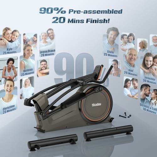 Elliptical trainer with 90% pre-assembled text and happy people.