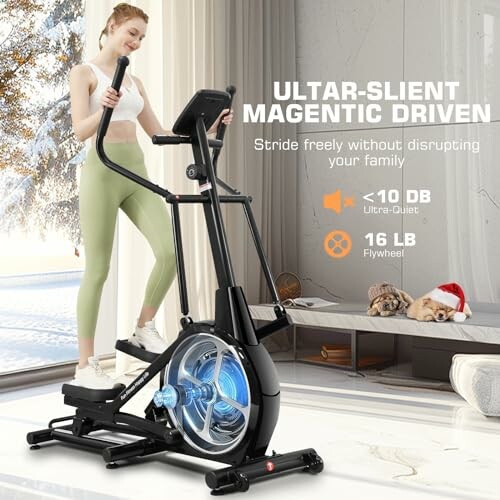 Woman using elliptical trainer with ultra-quiet and magnetic features.