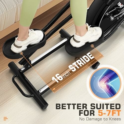 Exercise machine with 16-inch stride, suited for 5-7ft height, no knee damage.