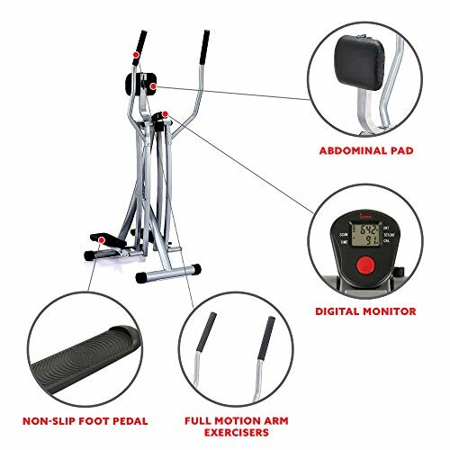 Foldable exercise machine with abdominal pad, digital monitor, non-slip foot pedal, and full motion arm exercisers.