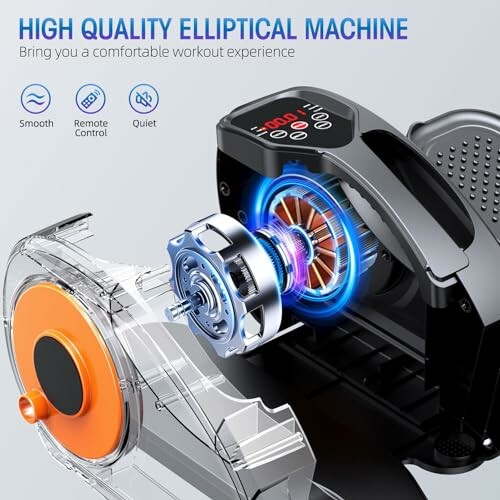 Elliptical machine with internal mechanism and features highlighted.