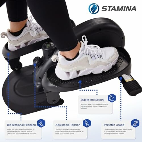 Person using a Stamina exercise pedal machine with features highlighted.