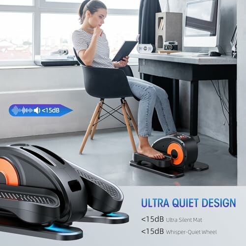 Person using an ultra-quiet foot exerciser at a desk.